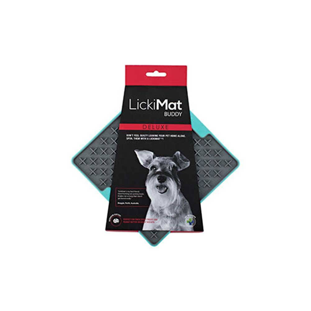 Lickimat Buddy Deluxe Treat Mat for dogs and cats, featuring a textured surface for spreading soft treats, available in vibrant colors.