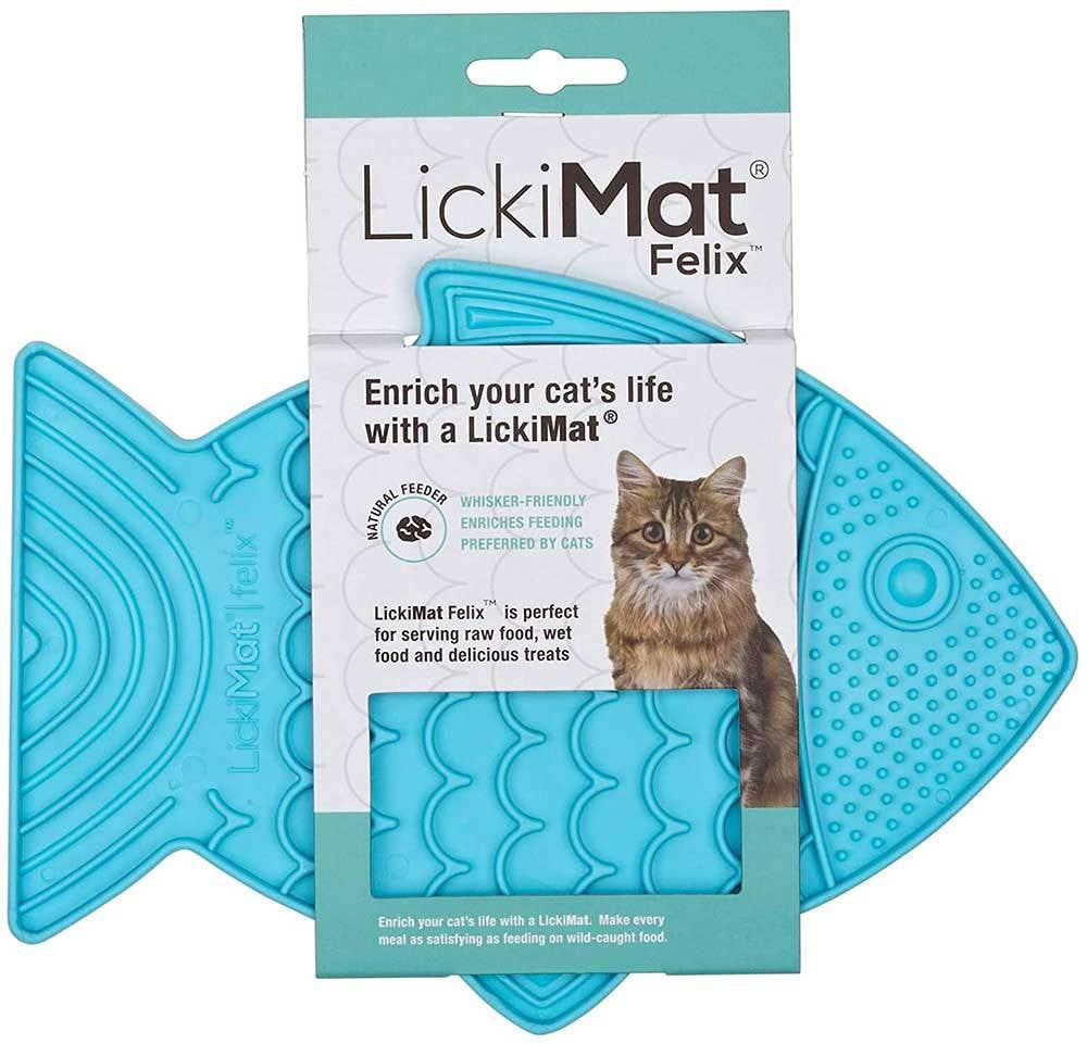 Lickimat Felix Fish Shaped Slow Feeder for Cats in vibrant colors, designed for comfortable and engaging feeding.