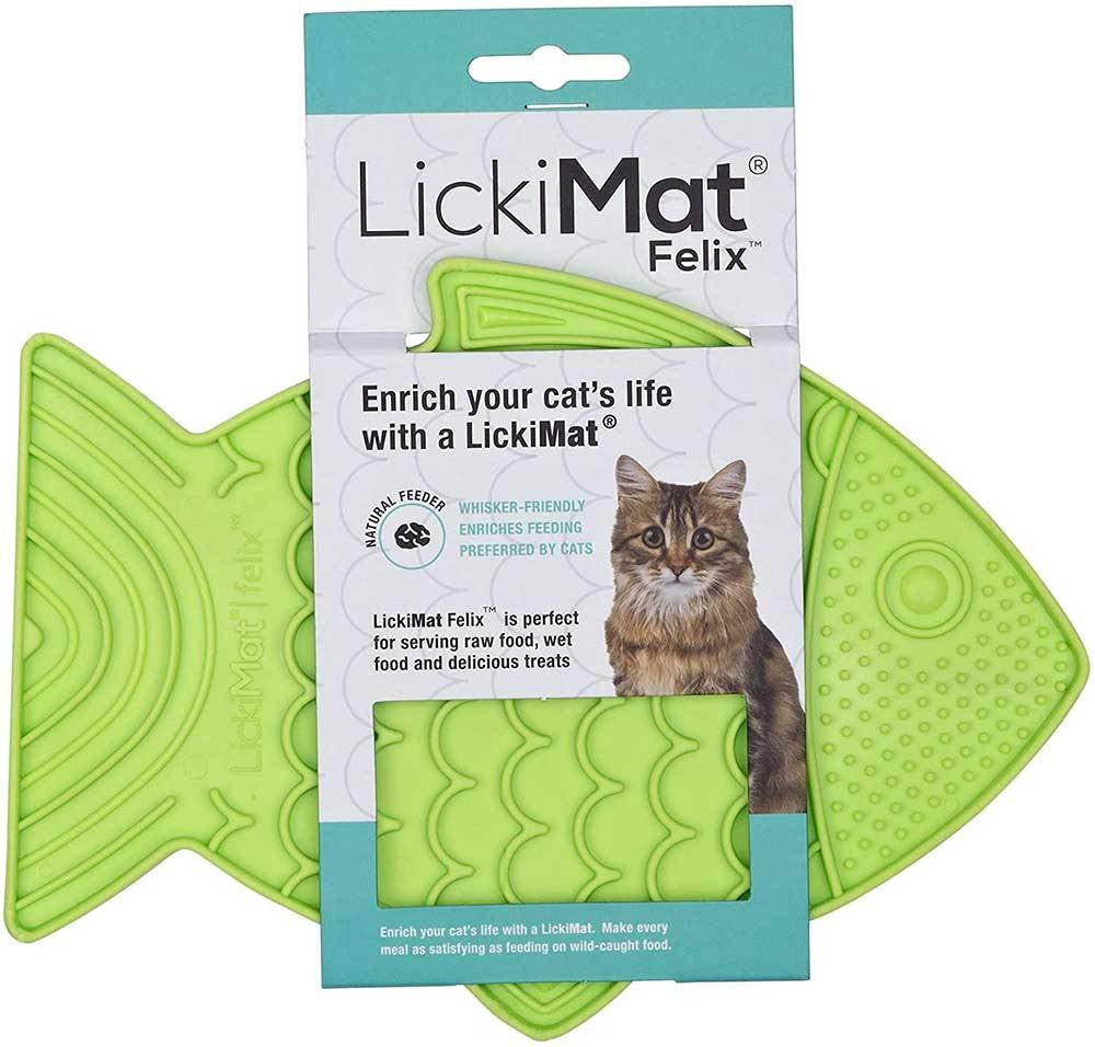 Lickimat Felix Fish Shaped Slow Feeder for Cats in vibrant colors, designed for comfortable and engaging feeding.