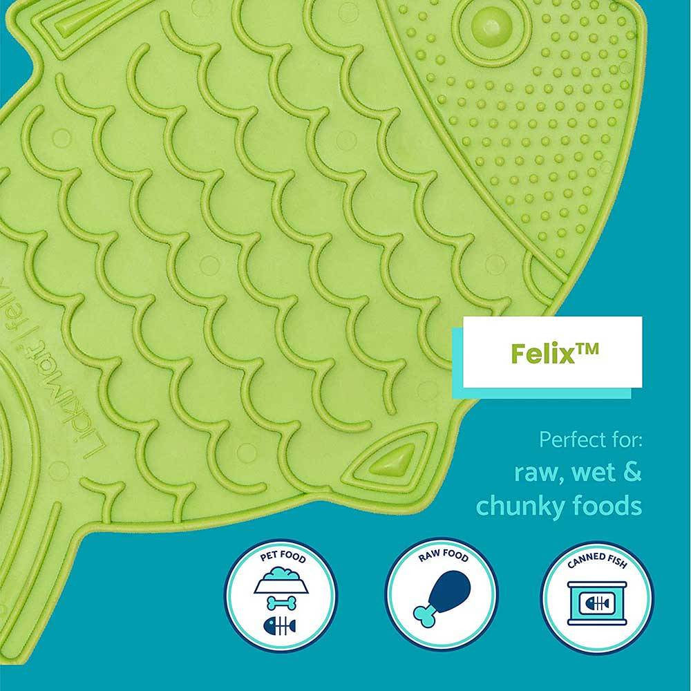 Lickimat Felix Fish Shaped Slow Feeder for Cats in vibrant colors, designed for comfortable and engaging feeding.