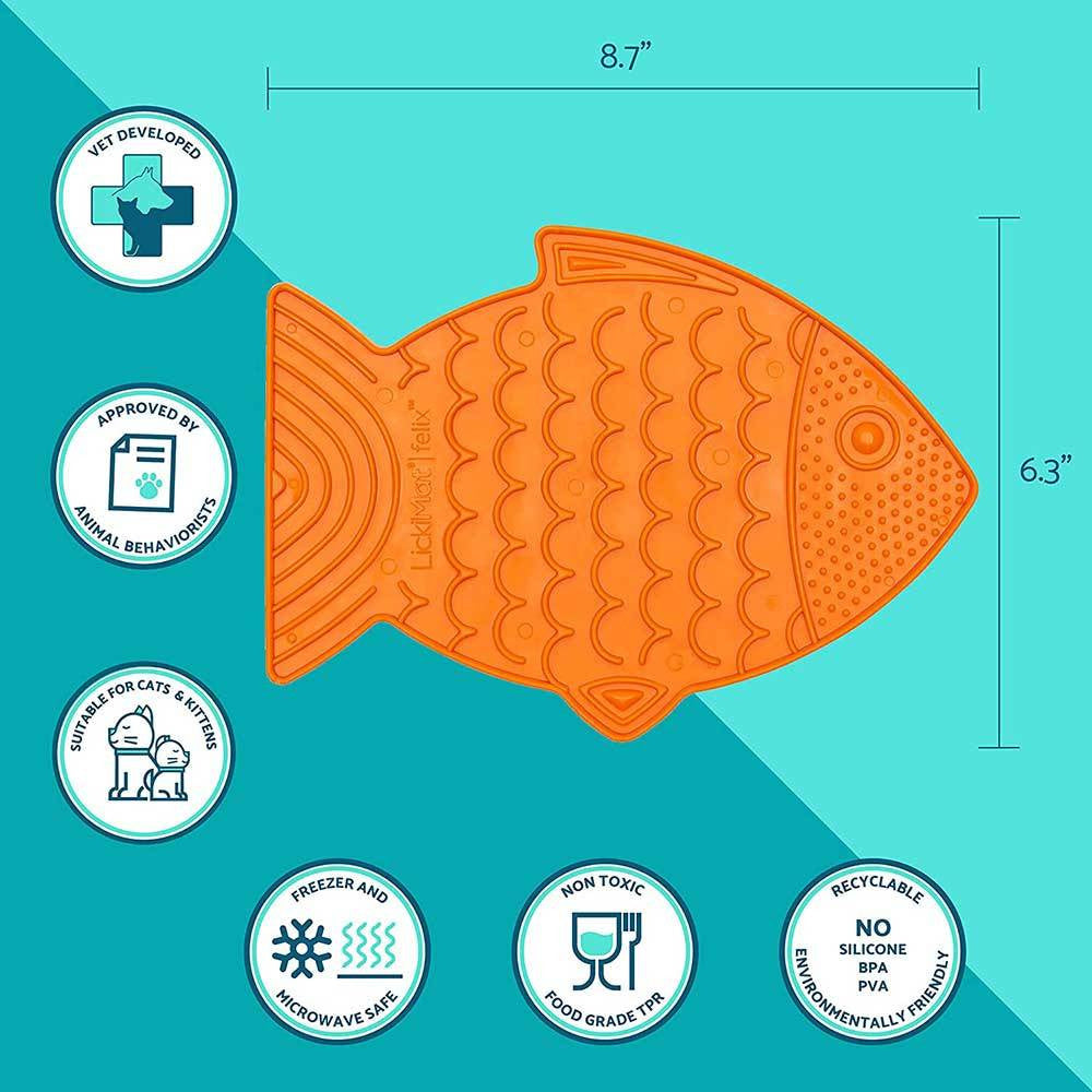 Lickimat Felix Fish Shaped Slow Feeder for Cats in vibrant colors, designed for comfortable and engaging feeding.