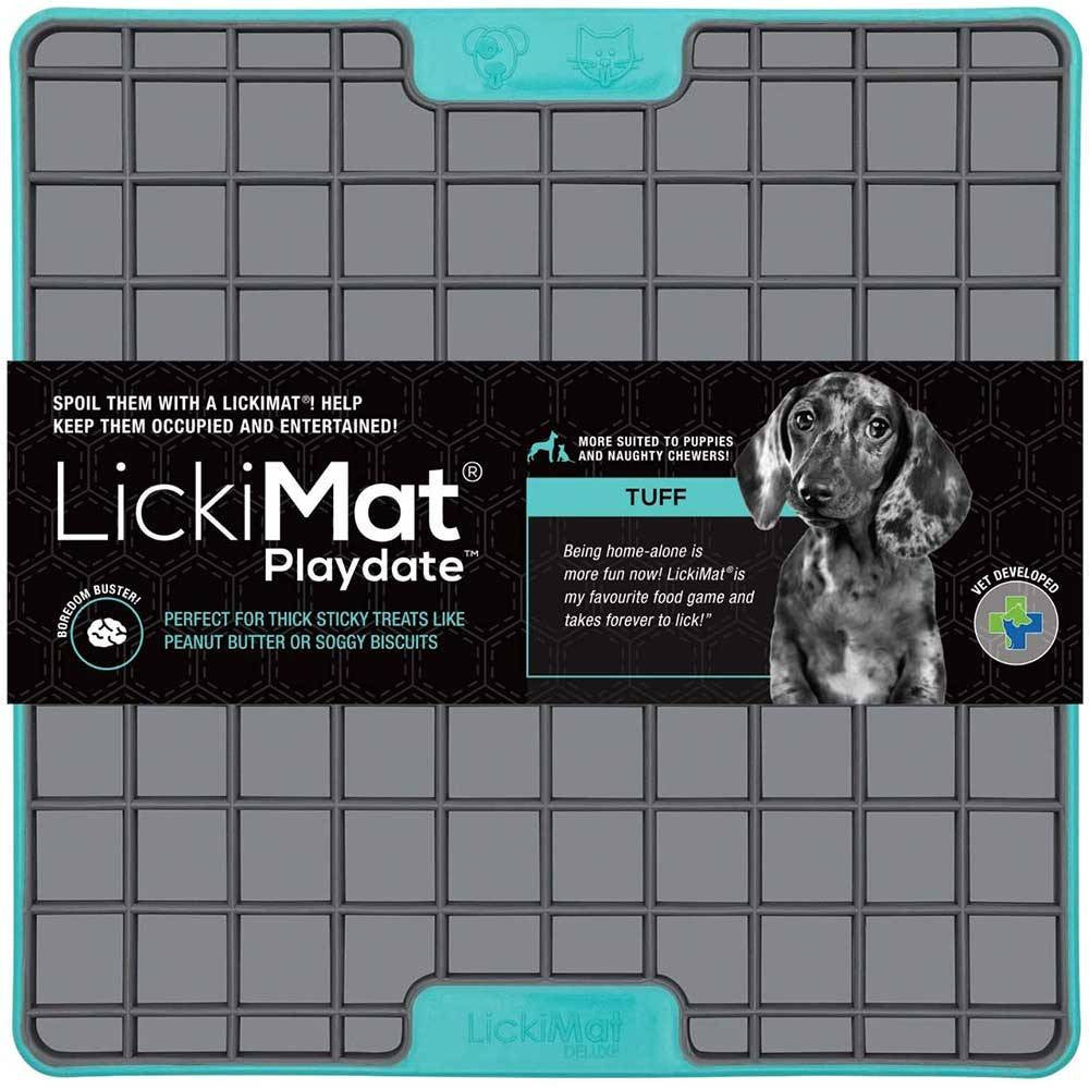 Lickimat Playdate Deluxe Treat Mat in vibrant colors, designed for dogs and cats to enjoy their meals while promoting calmness and oral health.