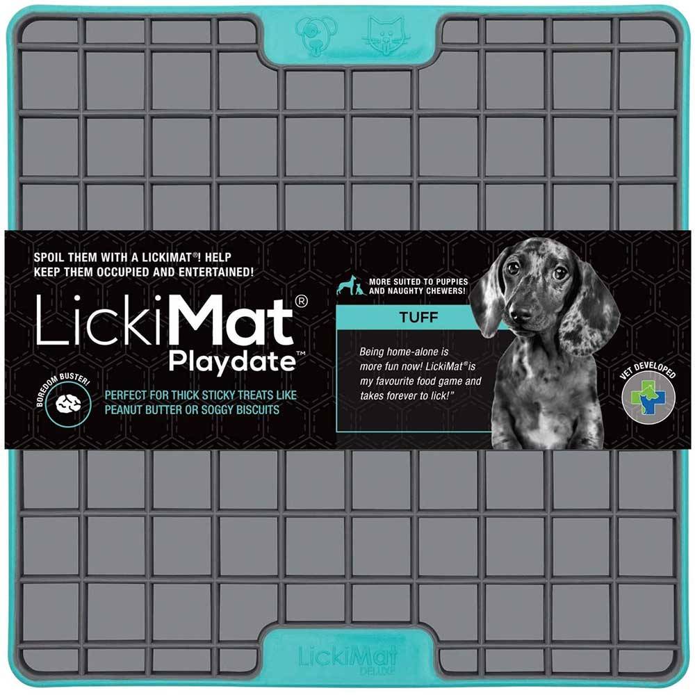Lickimat Playdate Deluxe Treat Mat in vibrant colors, designed for dogs and cats to enjoy their meals while promoting calmness and oral health.