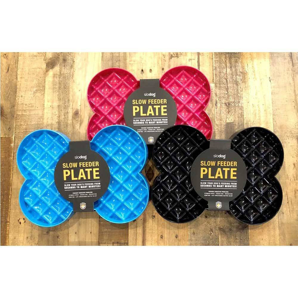 Lickimat SloDog Slow Feeder Plate in black, featuring shallow pockets for easy feeding and promoting slow eating habits in dogs.