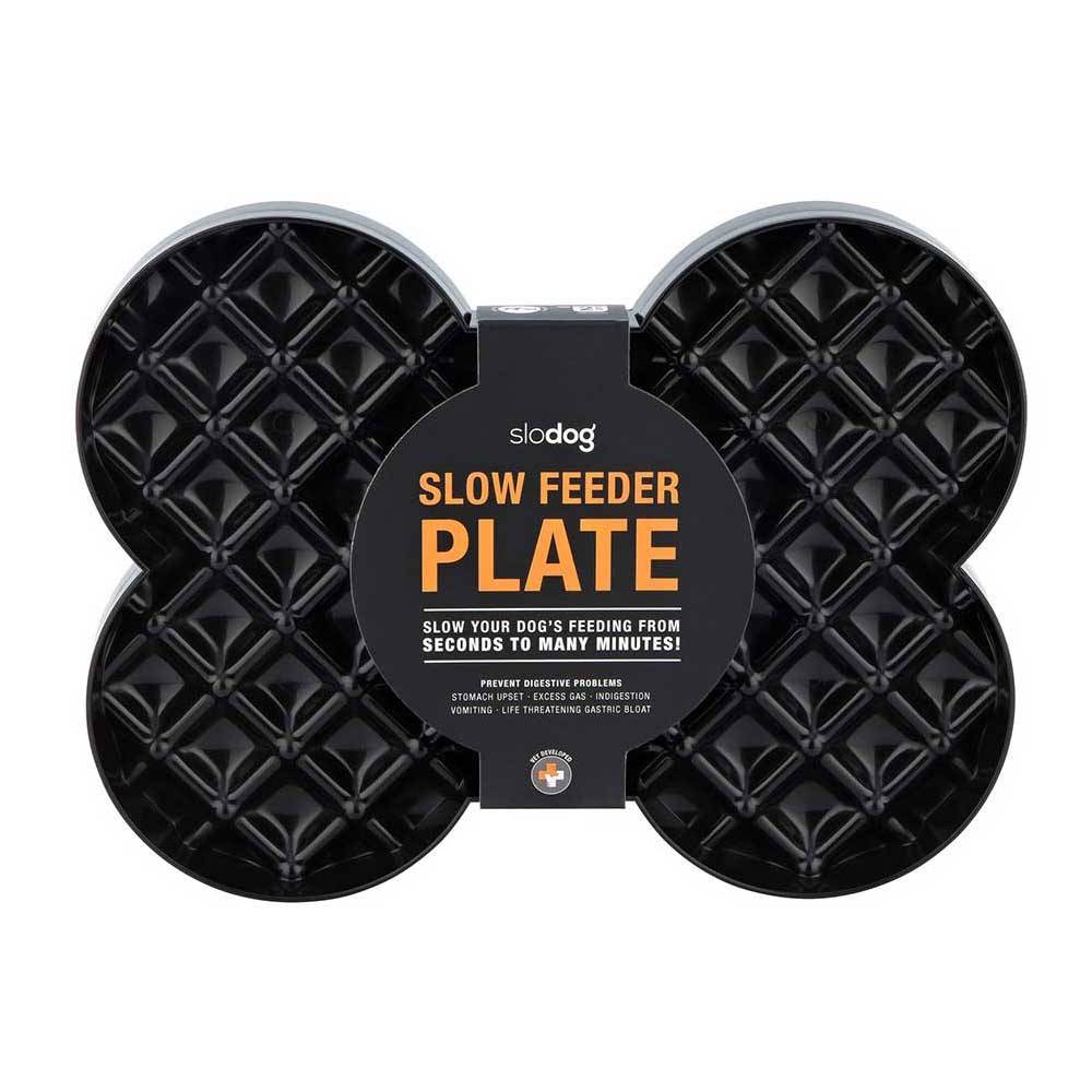Lickimat SloDog Slow Feeder Plate in black, featuring shallow pockets for easy feeding and promoting slow eating habits in dogs.