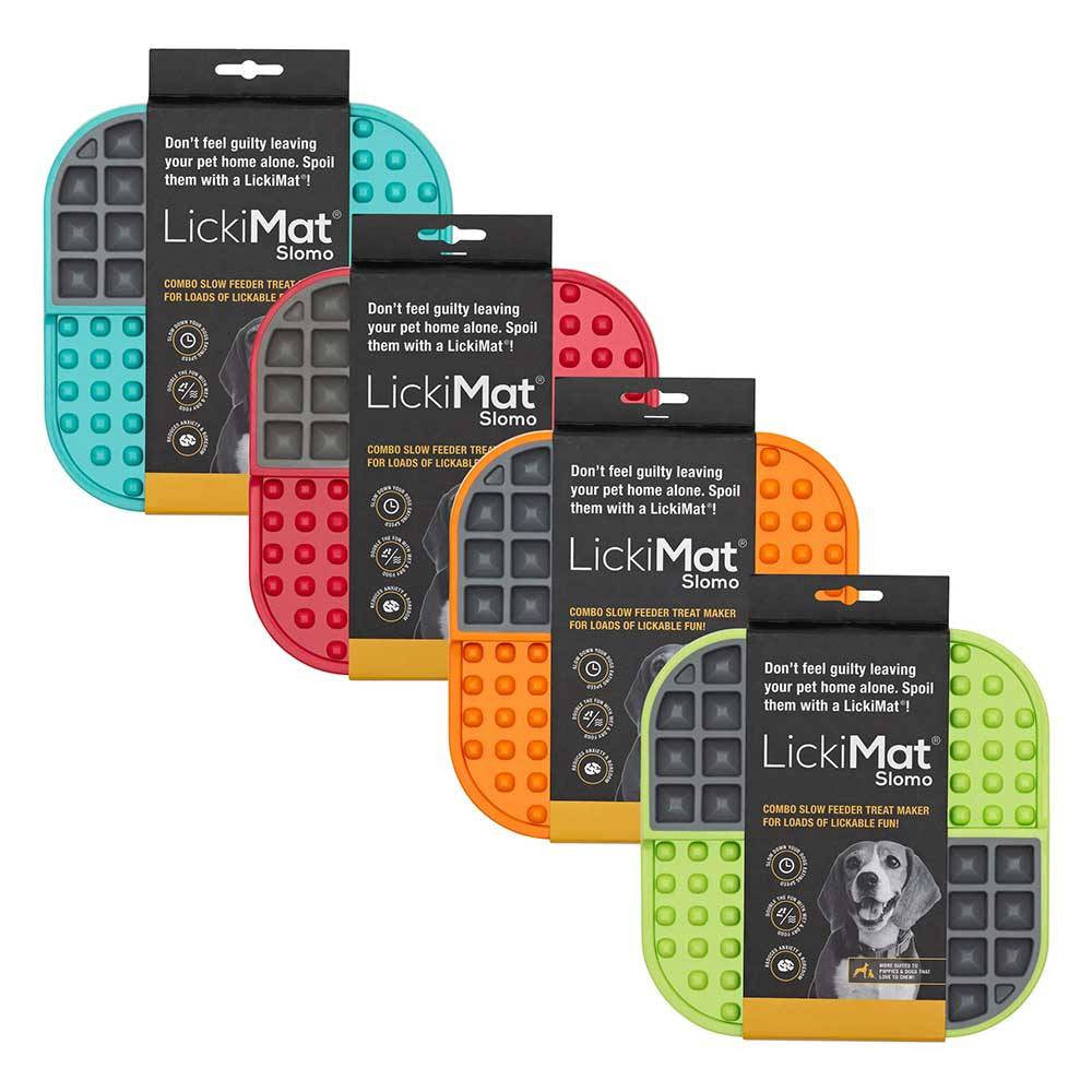 Lickimat Slomo Treat Mat for Dogs in vibrant colors, designed for slow feeding and calming licking behavior.