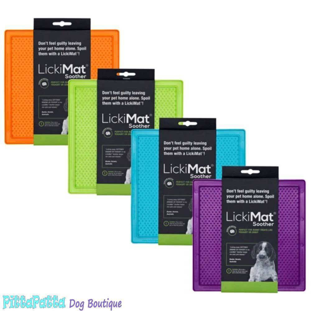 Lickimat Soother Treat Mat for dogs and cats, featuring a raised bumpy design ideal for runny treats like yogurt and gravy, in vibrant colors.