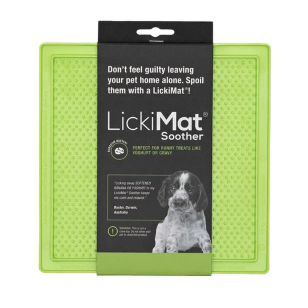 Lickimat Soother Treat Mat for dogs and cats, featuring a raised bumpy design ideal for runny treats like yogurt and gravy, in vibrant colors.