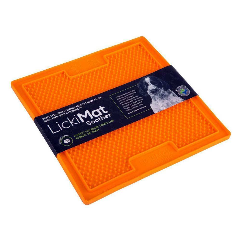 Lickimat Soother Treat Mat for dogs and cats, featuring a raised bumpy design ideal for runny treats like yogurt and gravy, in vibrant colors.