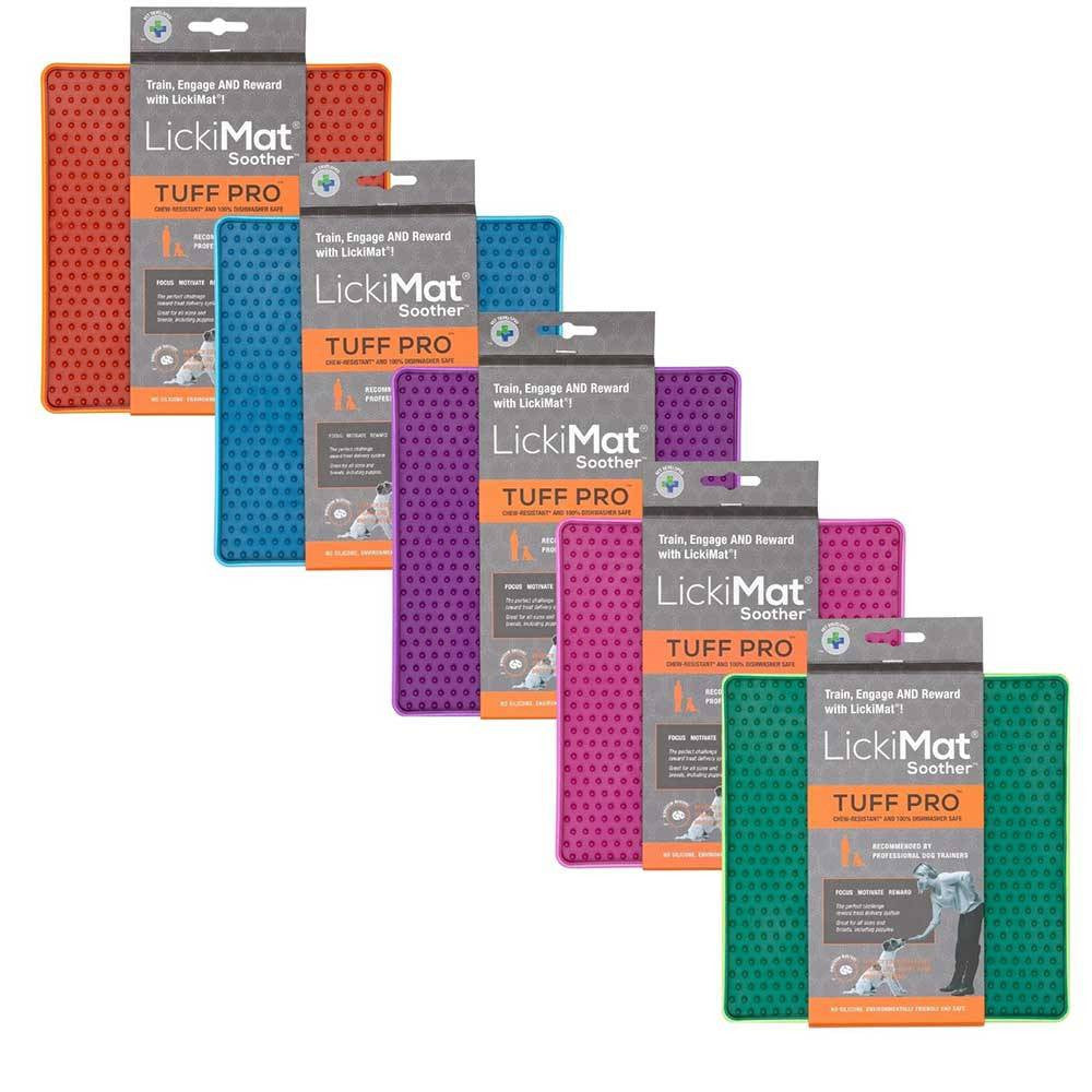 Lickimat Soother Tuff Pro for Dogs and Cats, featuring a vibrant design and textured surface for engaging licking activities.