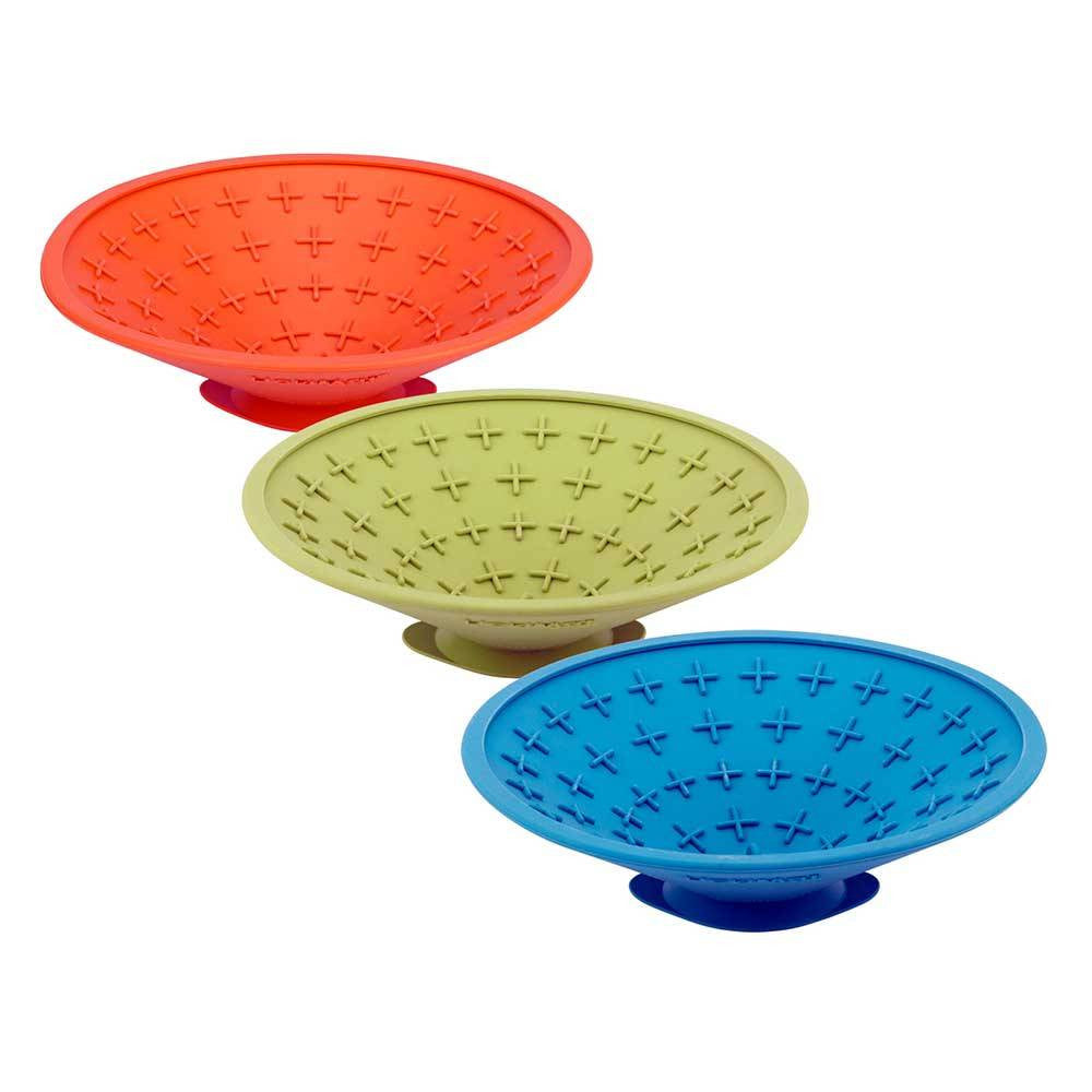 Lickimat Splash Bowl in vibrant colors, designed for dogs and cats, featuring a suction cap for secure attachment during feeding.