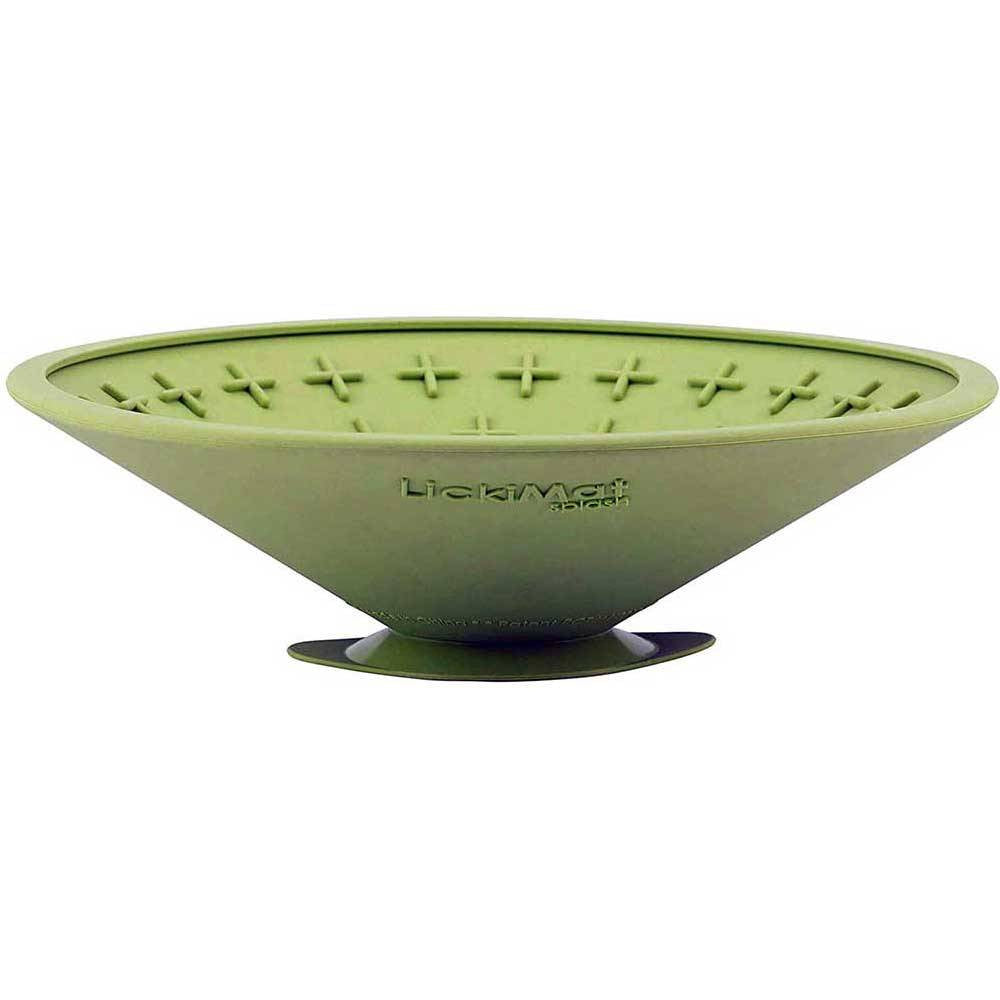 Lickimat Splash Bowl in vibrant colors, designed for dogs and cats, featuring a suction cap for secure attachment during feeding.