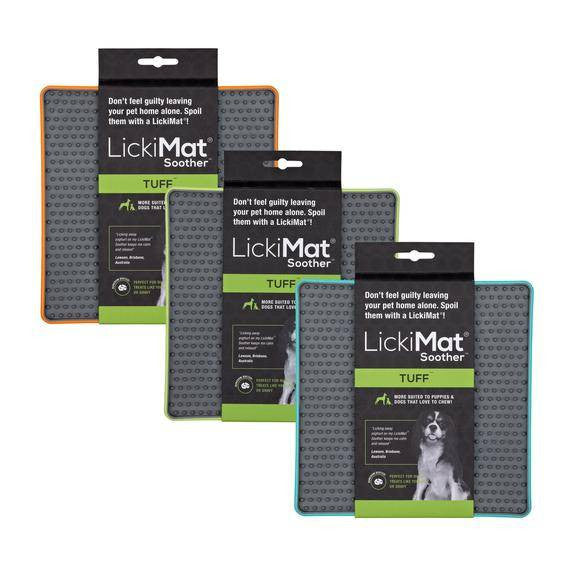 Lickimat TUFF Soother for Dogs in vibrant colors, designed for interactive feeding and calming pets.