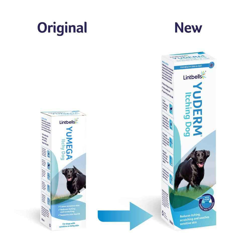 Bottle of Lintbells Yuderm Itchy Dog Essential Omega Oil Supplement with a dog in the background, showcasing its soothing properties for itchy skin.