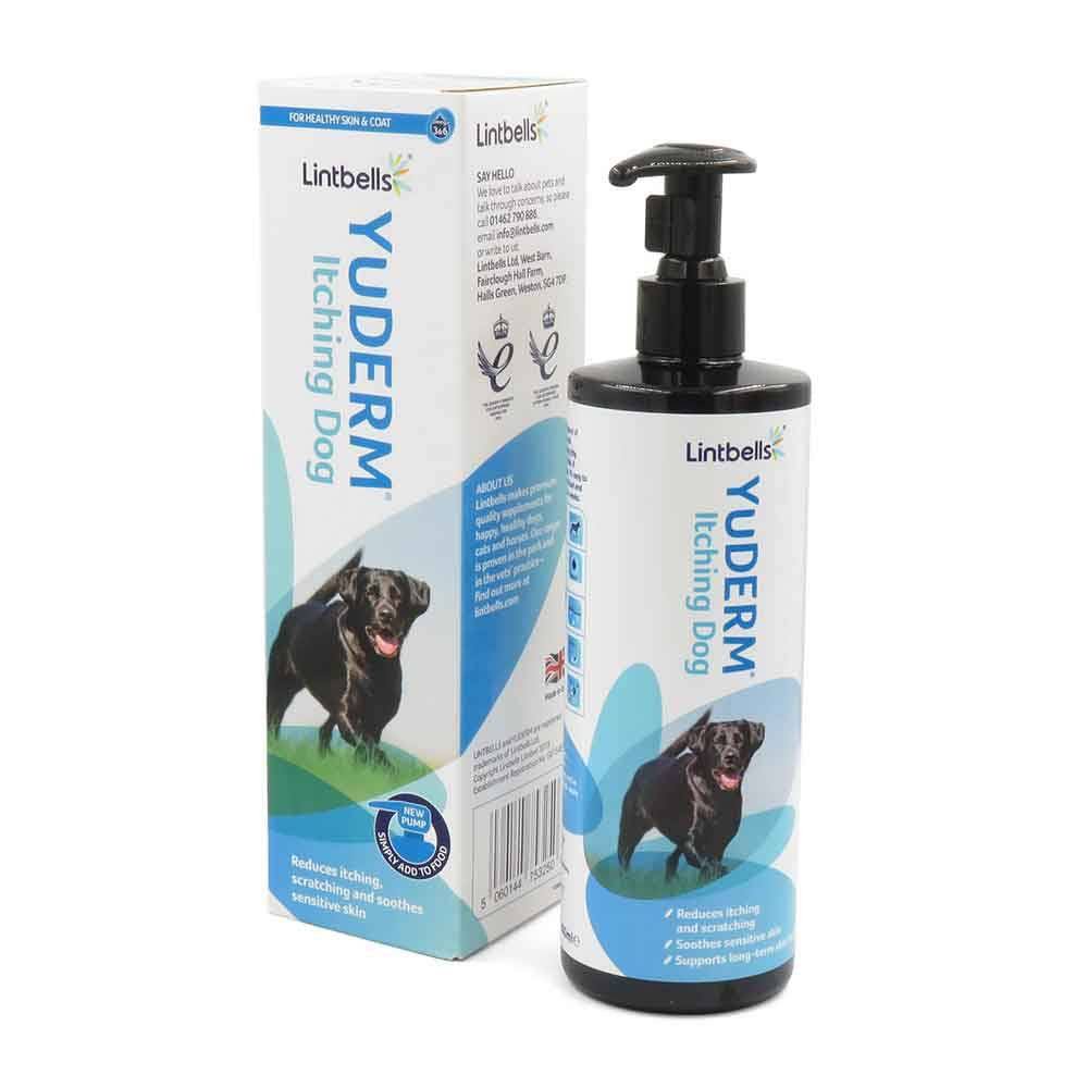 Bottle of Lintbells Yuderm Itchy Dog Essential Omega Oil Supplement with a dog in the background, showcasing its soothing properties for itchy skin.