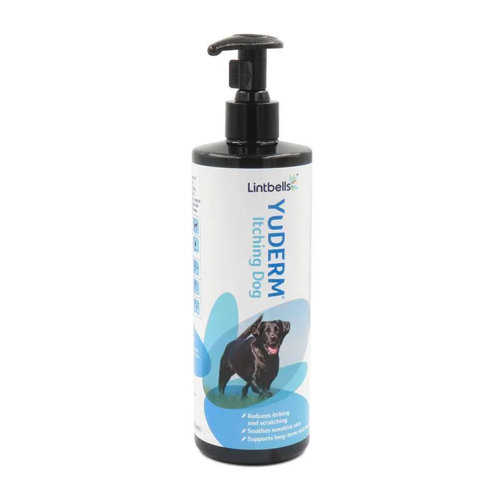 Bottle of Lintbells Yuderm Itchy Dog Essential Omega Oil Supplement with a dog in the background, showcasing its soothing properties for itchy skin.