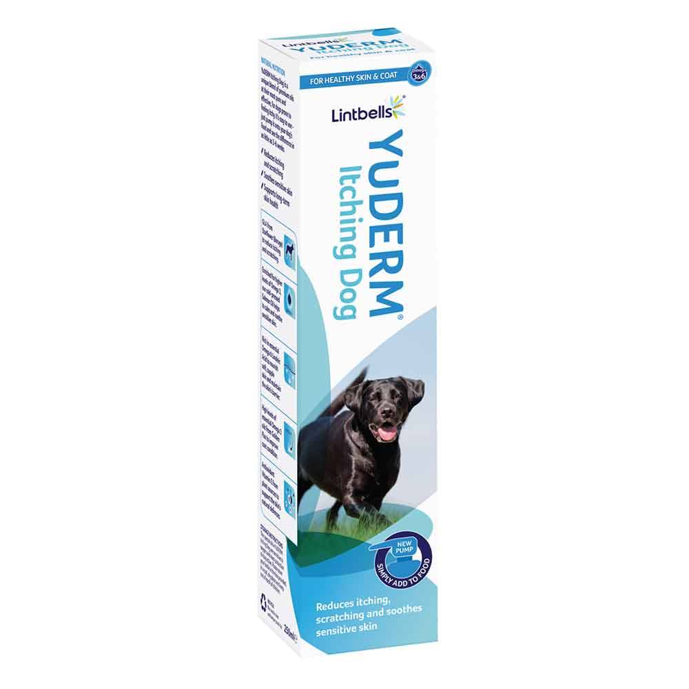 Bottle of Lintbells Yuderm Itchy Dog Essential Omega Oil Supplement with a dog in the background, showcasing its soothing properties for itchy skin.
