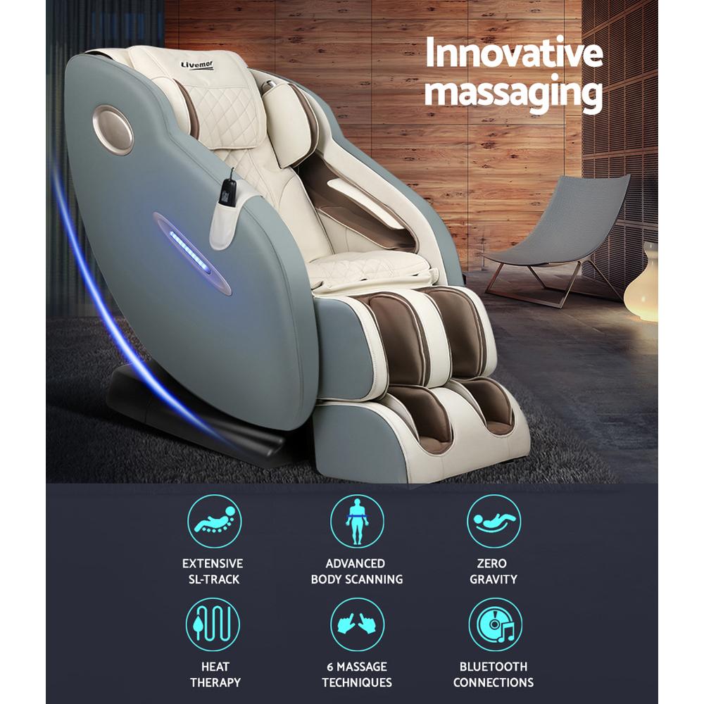 Livemor Electric Massage Chair Recliner featuring SL track design, Shiatsu heat function, and Bluetooth speakers for a relaxing massage experience.