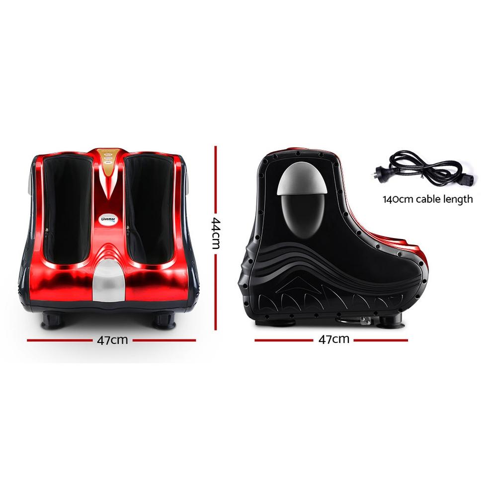 Livemor Foot Massager showcasing its sleek design with multiple massage discs for feet and calves, perfect for relaxation and circulation.