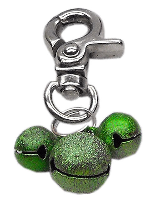 A stylish Lobster Claw Bell Charm attached to a pet collar, featuring a shiny bell and a durable clip for easy attachment.
