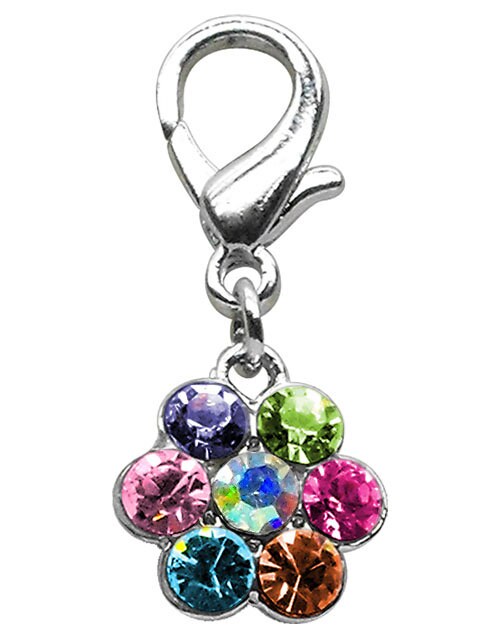 A sparkling Lobster Claw Flower Charm featuring rhinestones, designed for easy attachment to collars.