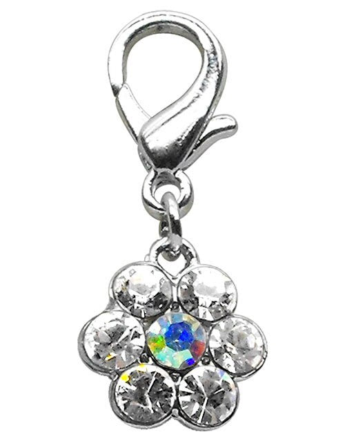 A sparkling Lobster Claw Flower Charm featuring rhinestones, designed for easy attachment to collars.