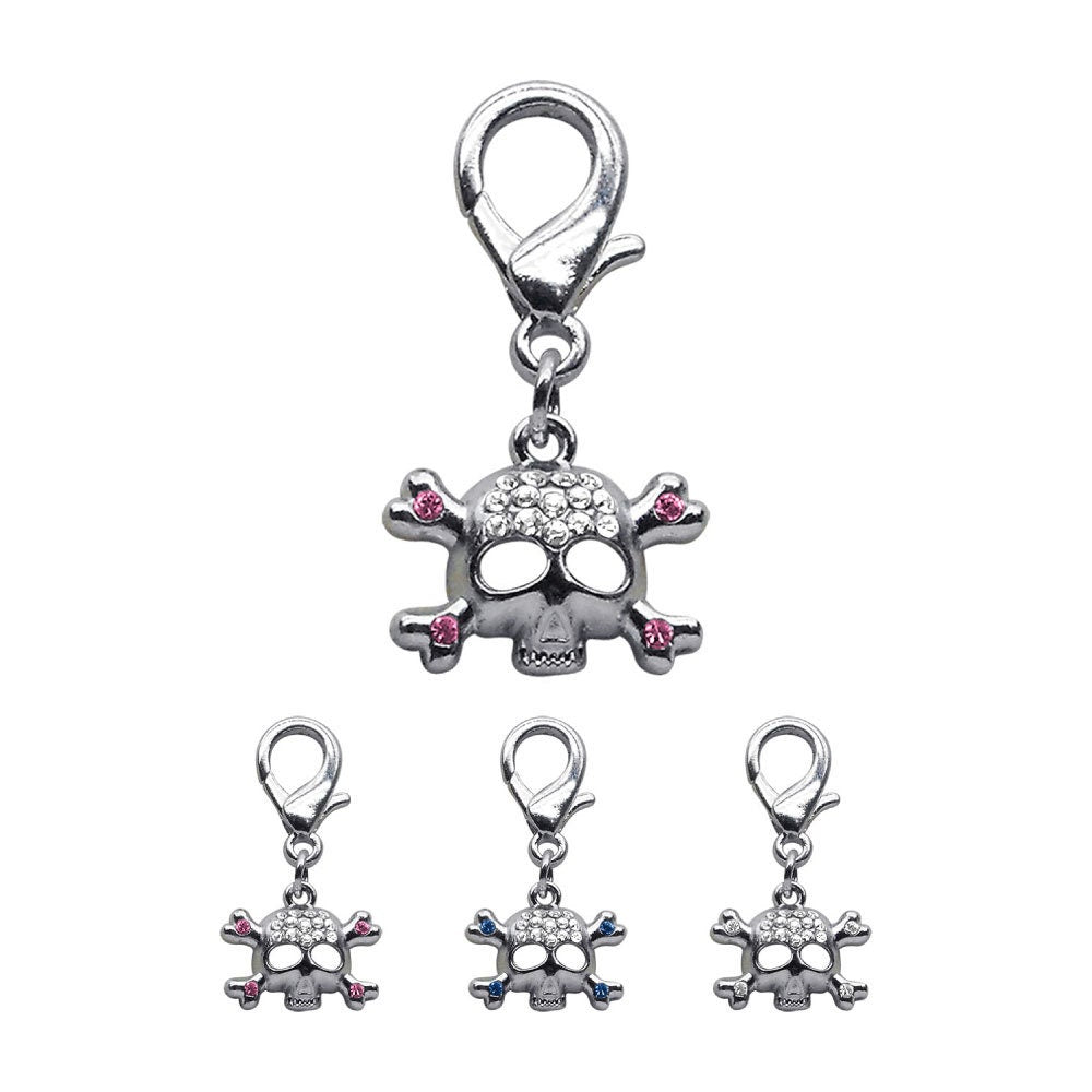 A stylish Lobster Claw Skull Charm featuring sparkling rhinestones, designed for easy clip-on attachment to collars.