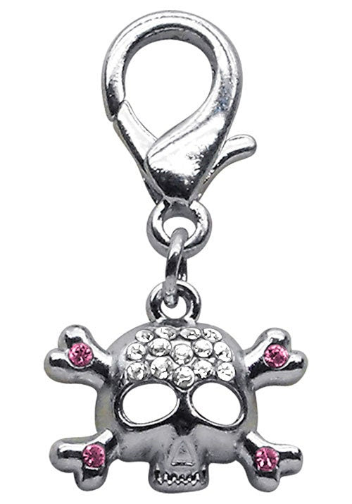 A stylish Lobster Claw Skull Charm featuring sparkling rhinestones, designed for easy clip-on attachment to collars.