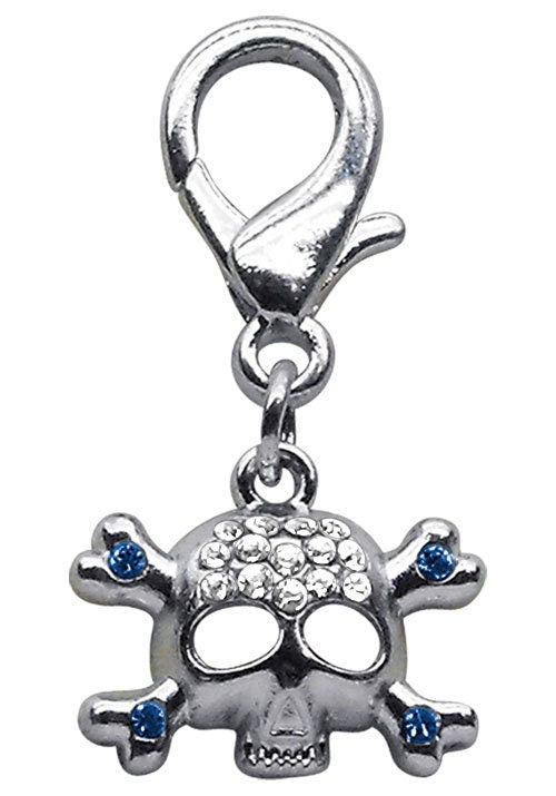 A stylish Lobster Claw Skull Charm featuring sparkling rhinestones, designed for easy clip-on attachment to collars.