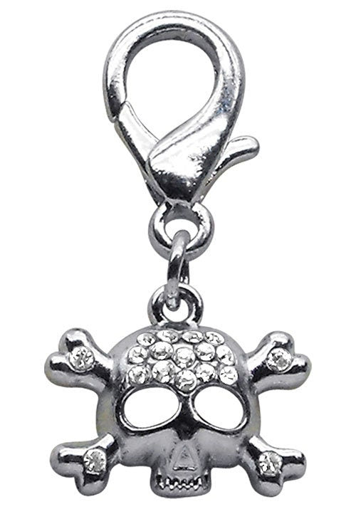 A stylish Lobster Claw Skull Charm featuring sparkling rhinestones, designed for easy clip-on attachment to collars.