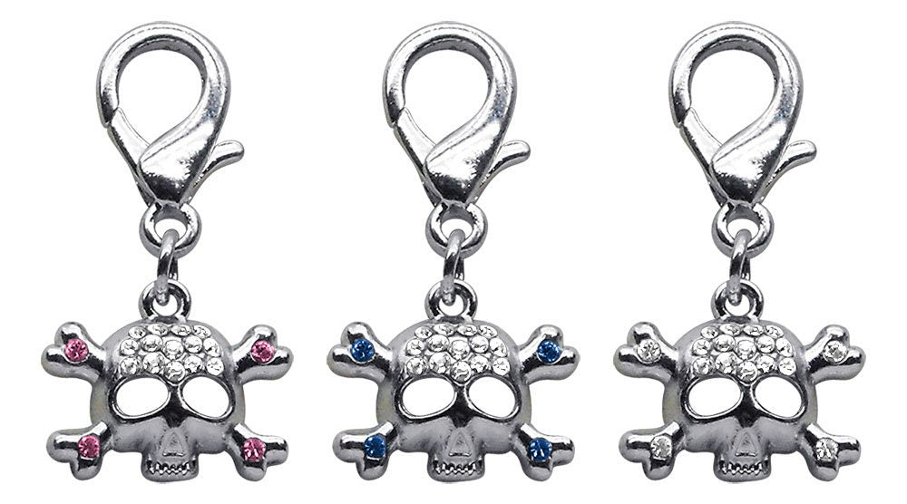 A stylish Lobster Claw Skull Charm featuring sparkling rhinestones, designed for easy clip-on attachment to collars.
