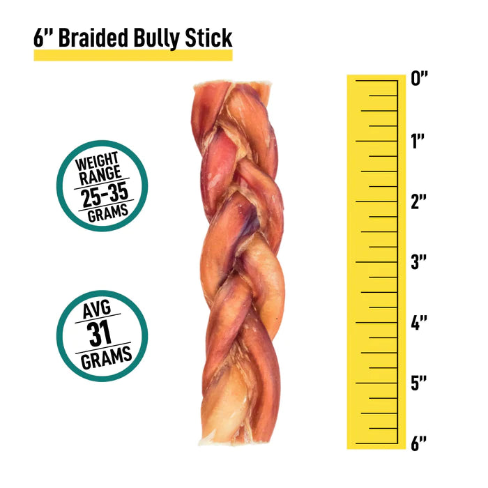 Lof Premium 6-Inch Braided Bully Sticks made from 100% beef pizzle, showcasing their braided texture and natural color.