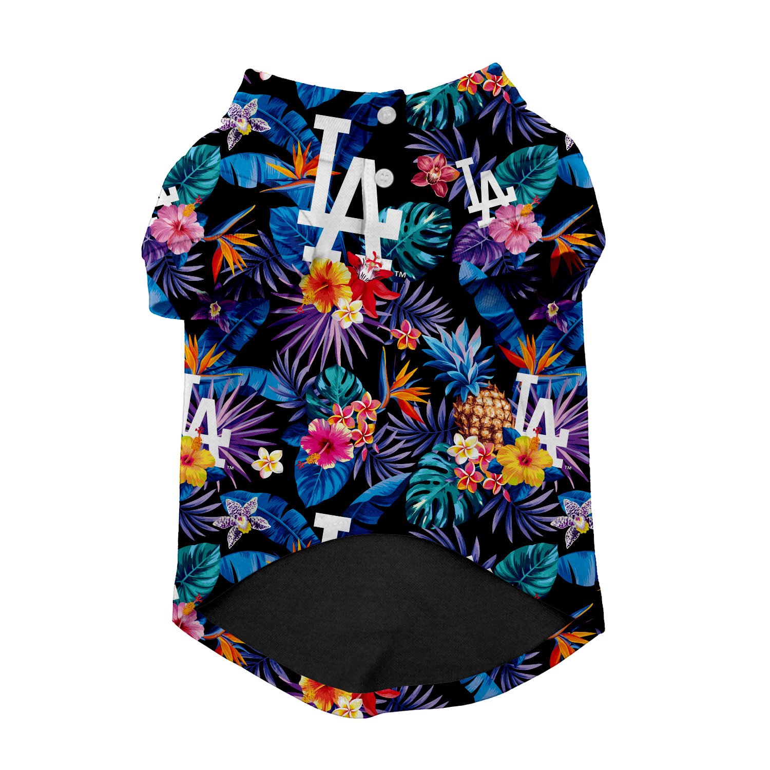 Los Angeles Dodgers Hawaiian Button Up for pets, featuring vibrant colors and team logo, perfect for game day.