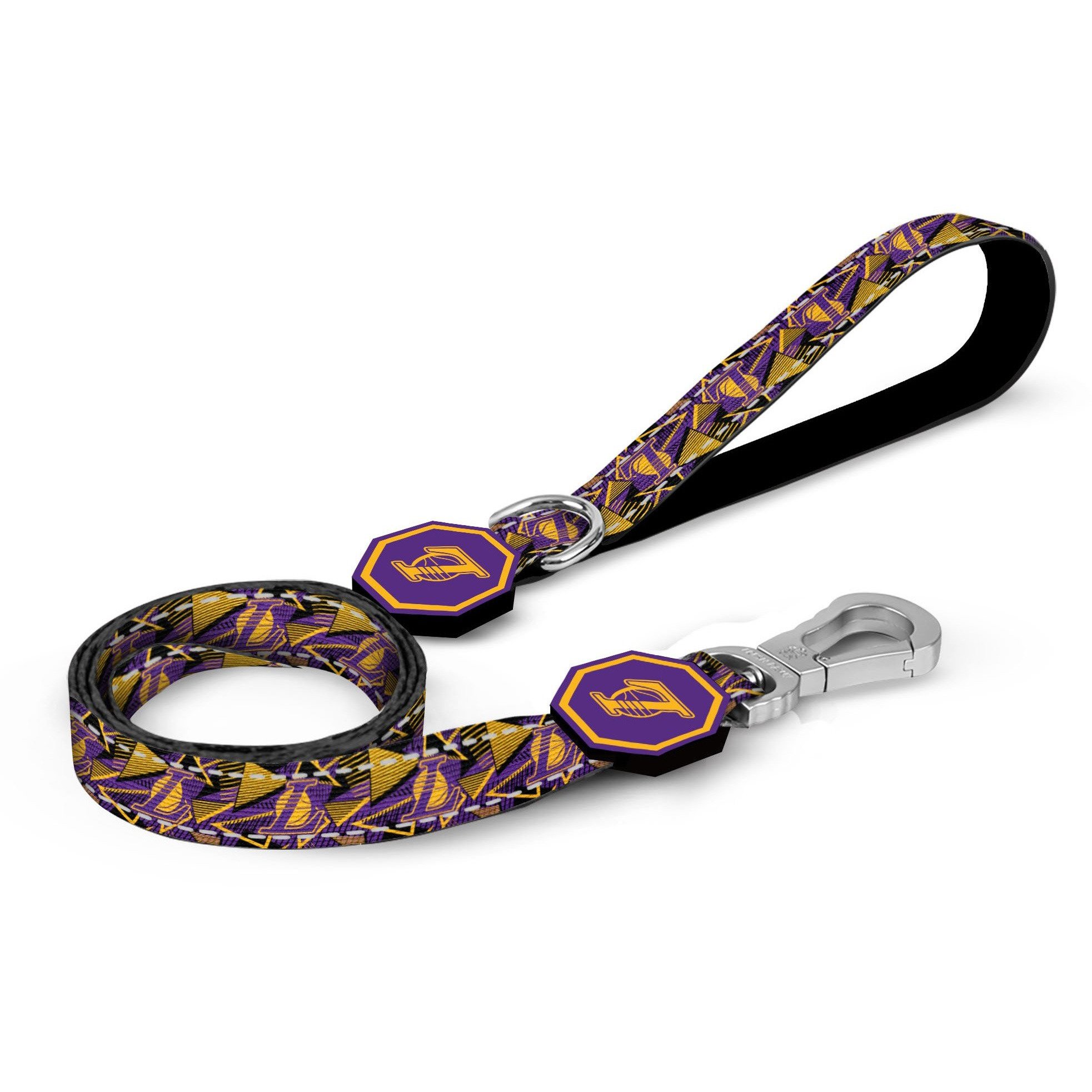 Los Angeles Lakers x Fresh Pawz Hardwood Leash featuring purple and gold colors with neoprene padded handle and reflective strips.