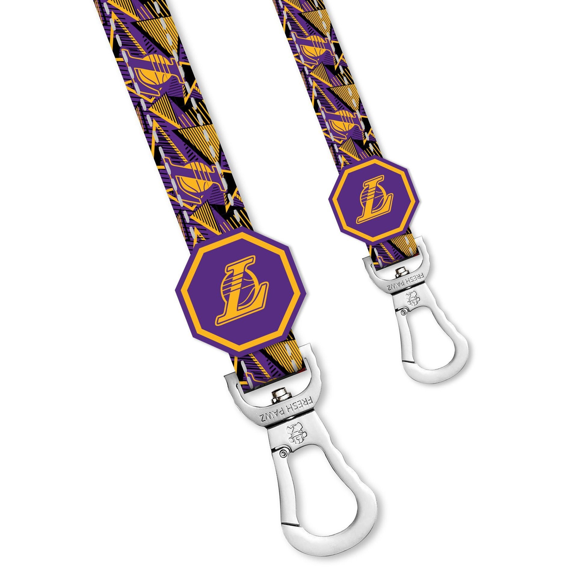 Los Angeles Lakers x Fresh Pawz Hardwood Leash featuring purple and gold colors with neoprene padded handle and reflective strips.