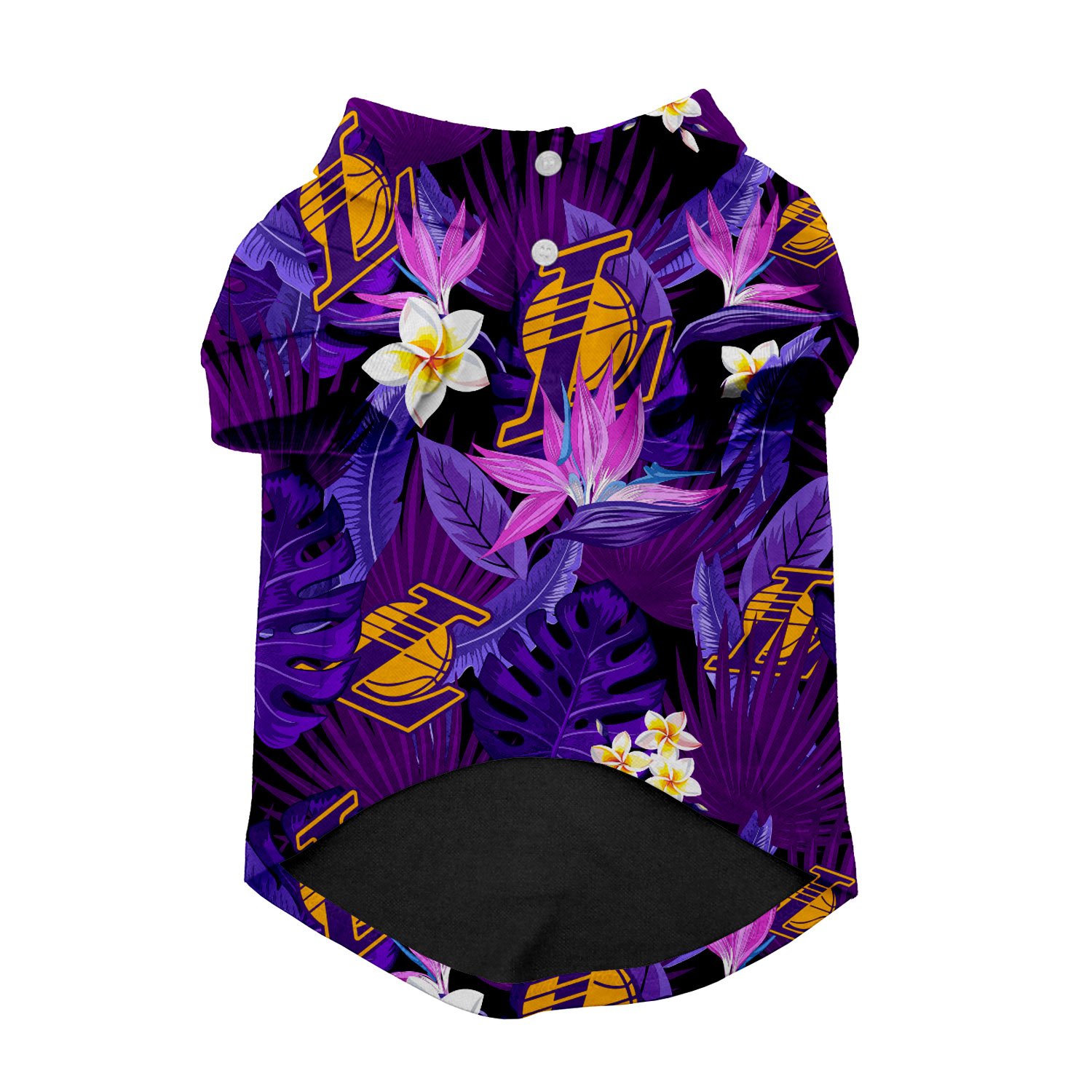 Los Angeles Lakers Hawaiian Button Up for pets featuring vibrant colors and team logo, perfect for stylish pet owners.