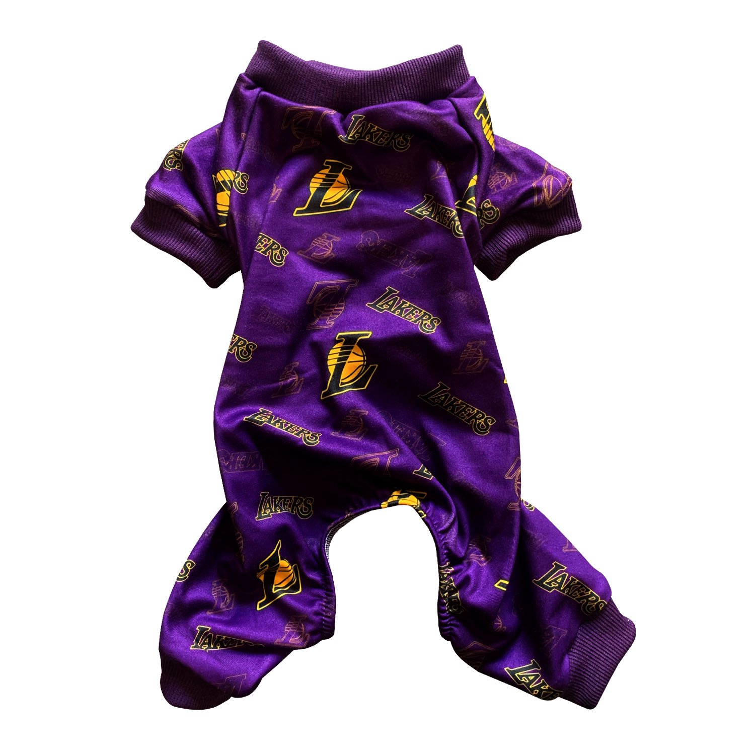 Los Angeles Lakers pajamas for pets featuring team colors and logo, designed for comfort and style.