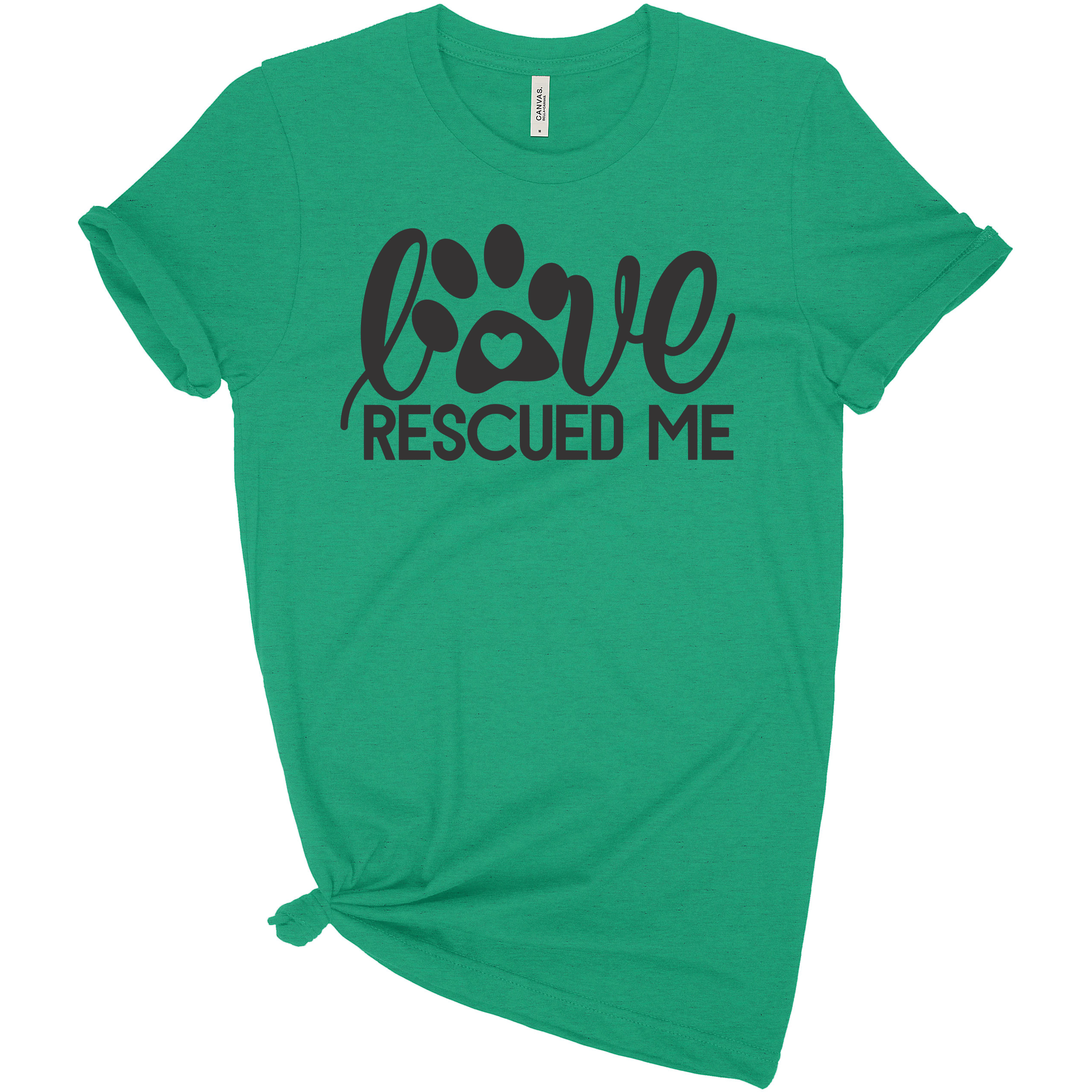 A soft crew neck tee featuring the phrase 'Love Rescued Me', perfect for dog lovers.