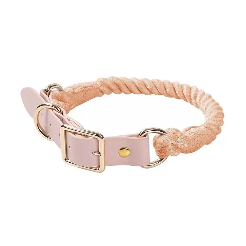 Luxe Royal Leather Rope Collar in Cotton Coral, featuring hand woven cotton rope and solid brass hardware.