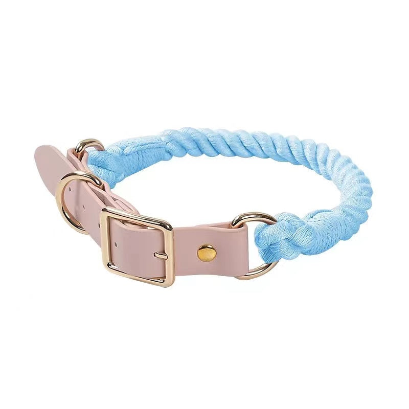 Luxe Royal Leather Rope Collar in Sky Blue, featuring hand woven cotton rope and solid brass hardware, perfect for stylish dog accessories.