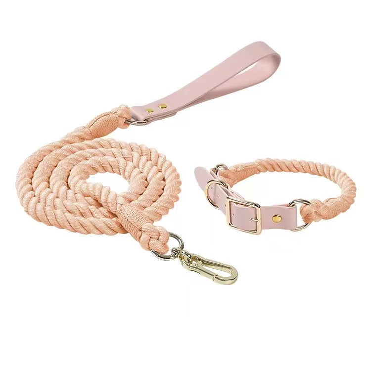 Luxe Royal Leather Rope Leash and Collar Set in Cotton Coral, featuring hand woven cotton rope and solid brass hardware.