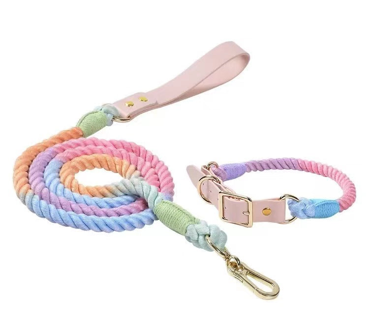 Luxe Royal Leather Rope Leash and Collar Set in macaron color, showcasing hand-woven cotton rope and solid brass hardware.