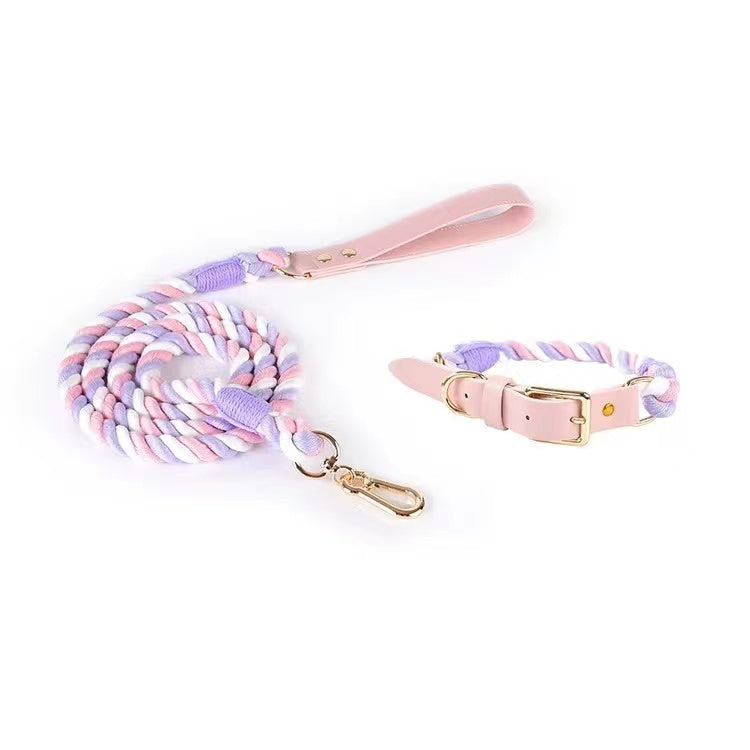 Luxe Royal Pink Leather Rope Leash and Collar Set, featuring hand woven cotton rope and solid brass hardware, perfect for stylish dog walks.