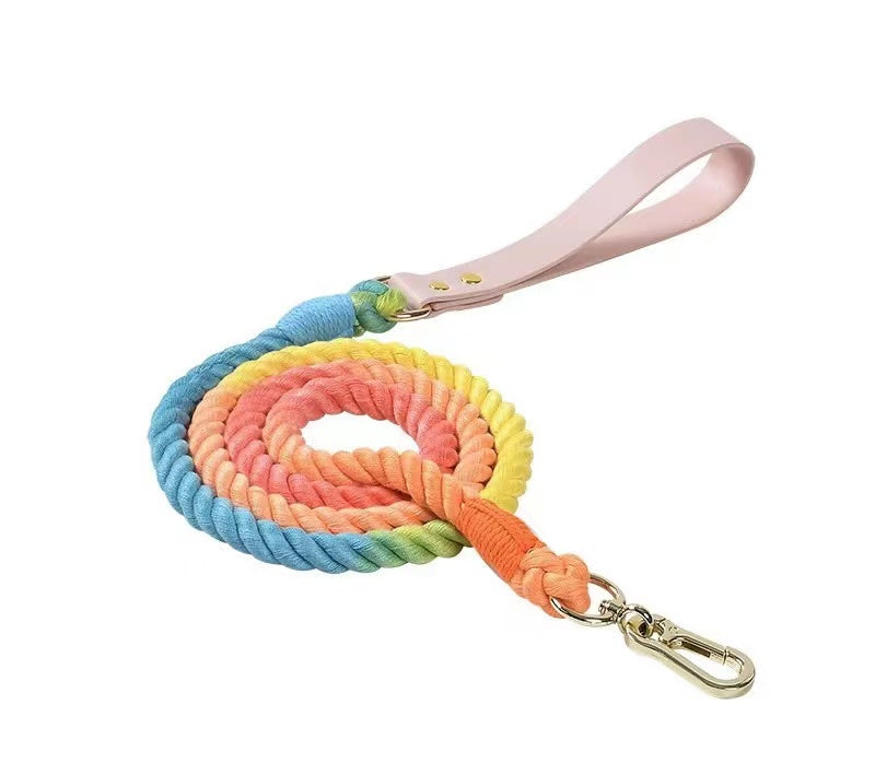 Luxe Royal Pink Leather Rope Leash featuring hand woven cotton and solid brass hardware, perfect for stylish dog walks.