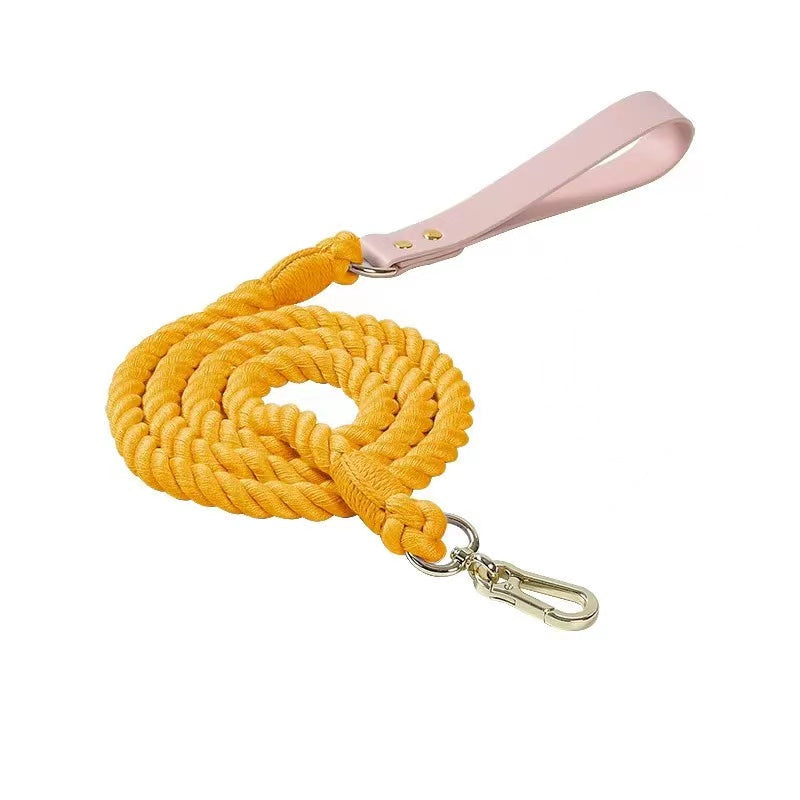Luxe Royal Pink Leather Rope Leash with Golden accents, showcasing a stylish design and durable materials.