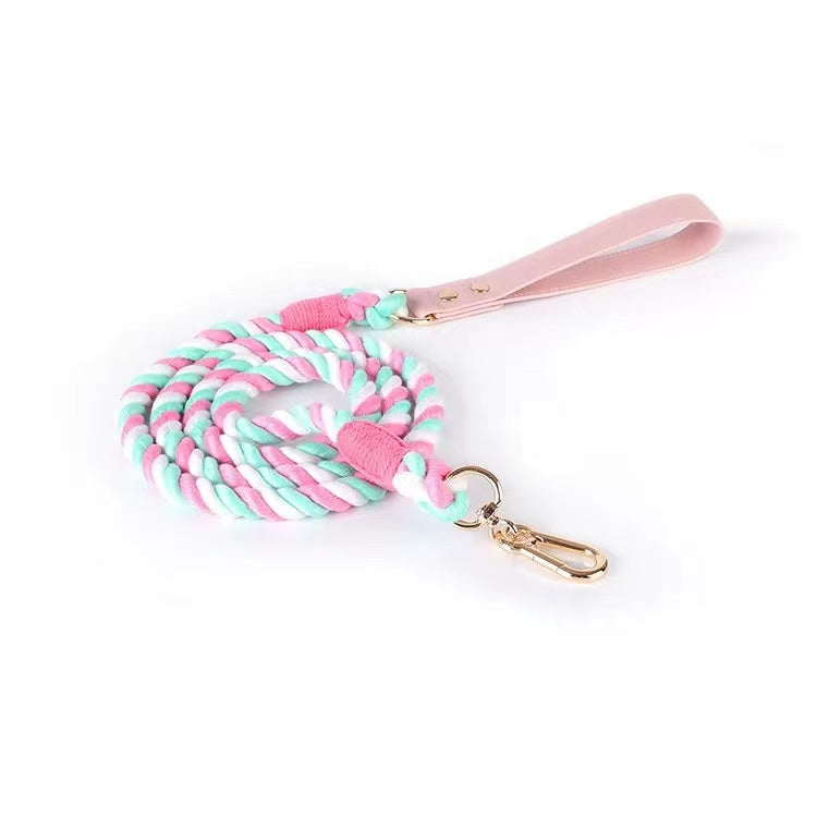Luxe Royal Pink Leather Rope Leash showcasing vibrant pink color and solid brass hardware, perfect for stylish dog walks.