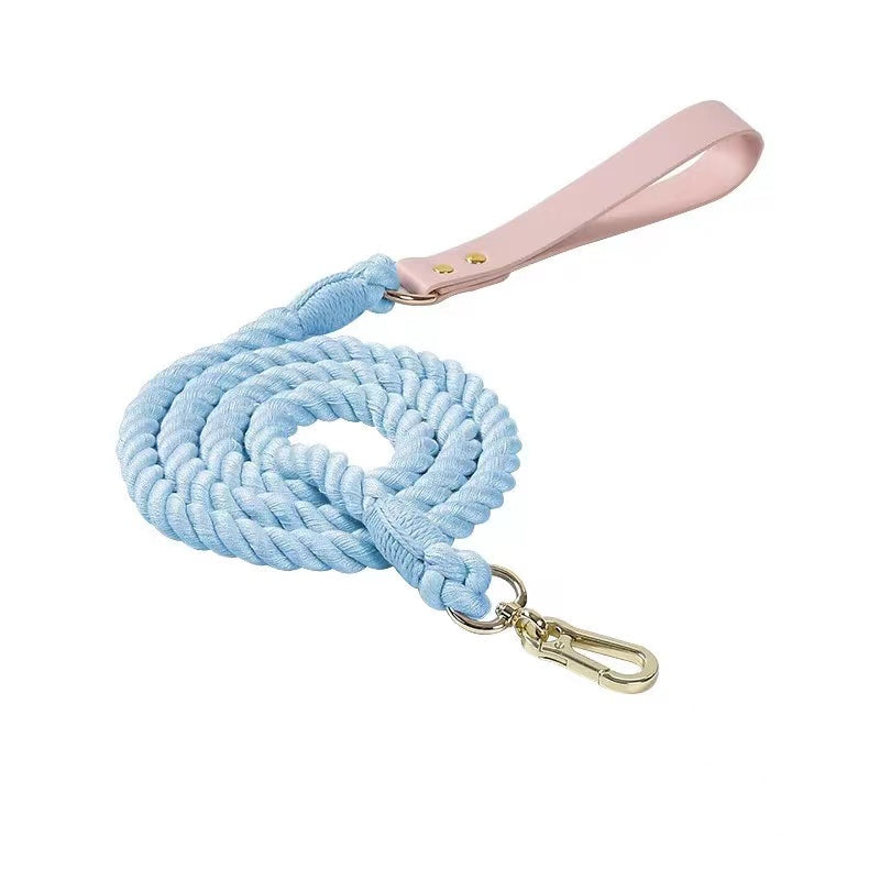 Luxe Royal Pink Leather Rope Leash in Sky Blue, showcasing hand woven cotton rope and solid brass hardware.