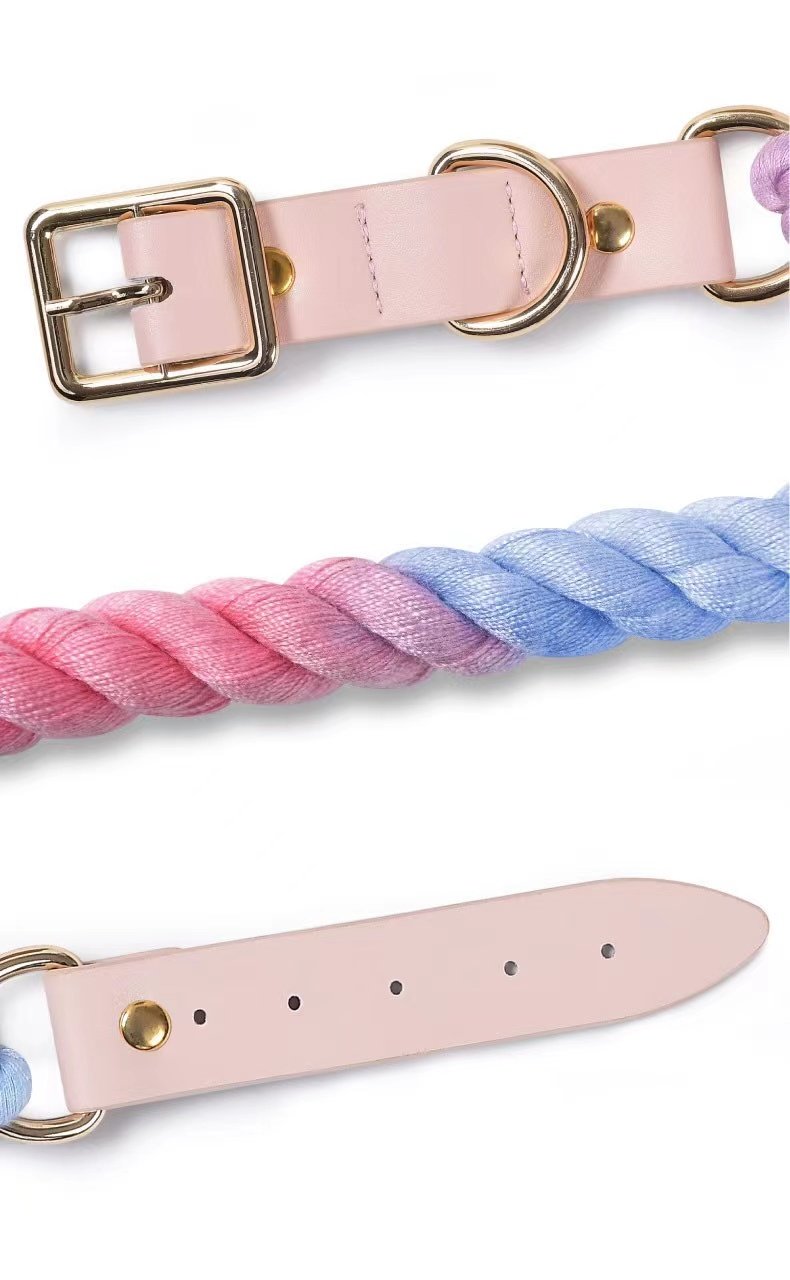 Luxe Royal Pink Leather Rope Leash in Sky Blue, showcasing hand woven cotton rope and solid brass hardware.