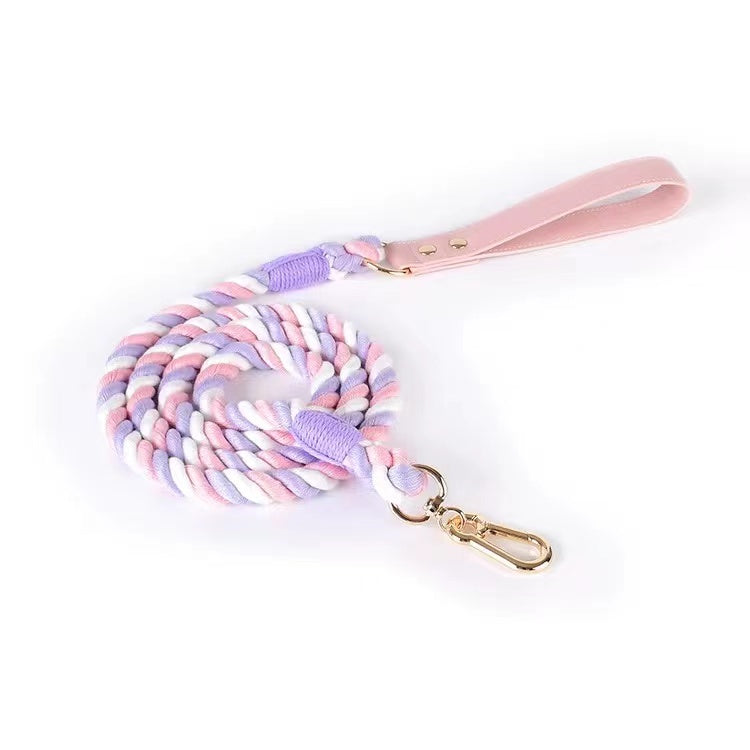 Luxe Royal Pink Leather Rope Leash - Skyfall, featuring hand woven cotton rope and solid brass hardware.