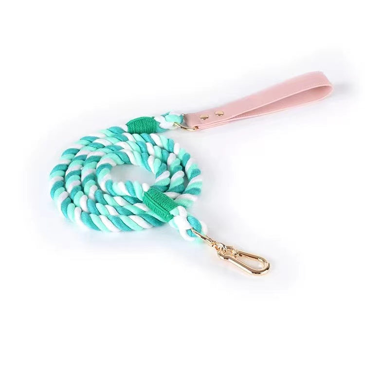 Luxe Royal Pink Leather Rope Leash featuring hand woven cotton and solid brass hardware, perfect for stylish dog walks.